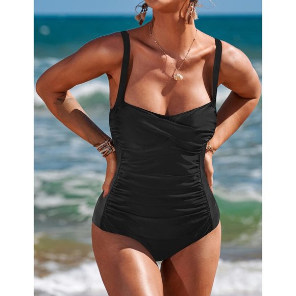Women's Black One Piece Ruched Vintage Retro Push Up Swimwear - Picture 2 of 6